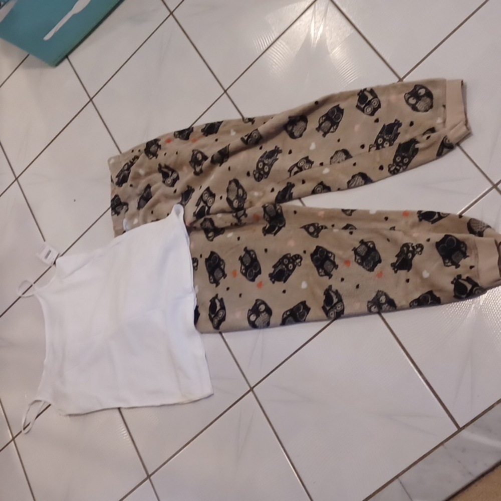4/$40 Fleece Owl Pajama Pants With New White Camisole - Size XL